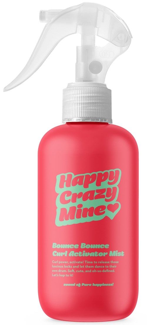 Eine rosa Sprühflasche mit der Aufschrift "Happy Crazy Mine Bounce Bounce Curl Activator Mist" und weißem Sprühkopf.