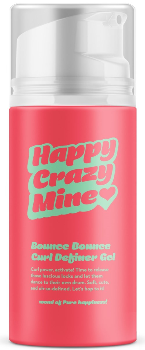 A pink bottle with a spray nozzle that says "Happy Crazy Mine" and describes curling gel for hair.