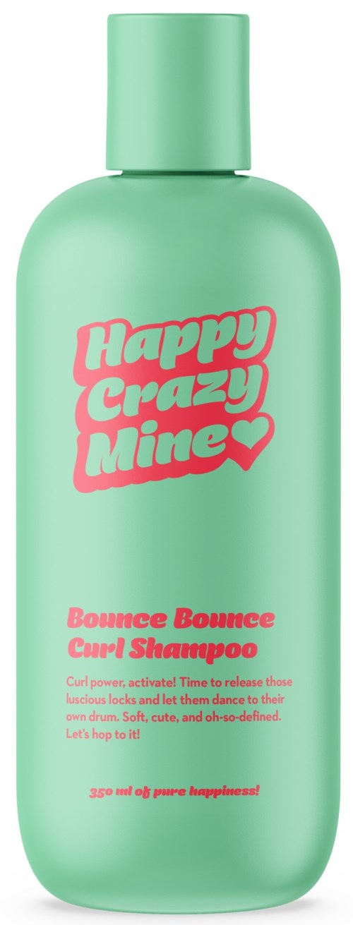 Eine mintgrüne Shampooflasche mit pinkem Text, der sagt "Happy Crazy Mine" und "Bounce Bounce Curl Shampoo."