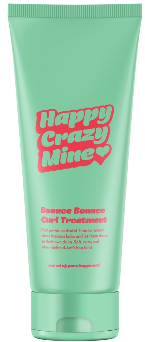 Eine hellgrüne Tube mit der Aufschrift 'Happy Crazy Mine' in Pink für Haarbehandlung. Einfaches Design.