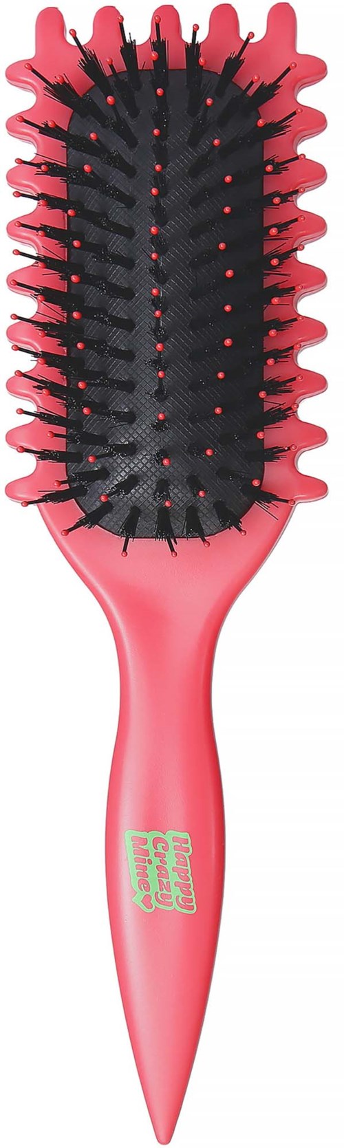 Eine rosa Haarbürste mit schwarzen und roten Borsten, zum Entwirren der Haare.