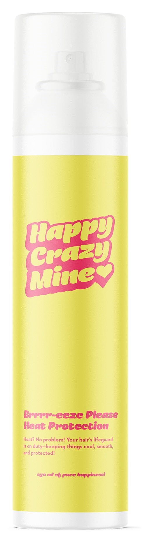 Een sprayfles met de tekst "Happy Crazy Mine" in roze op een gele achtergrond, met doorzichtige dop.