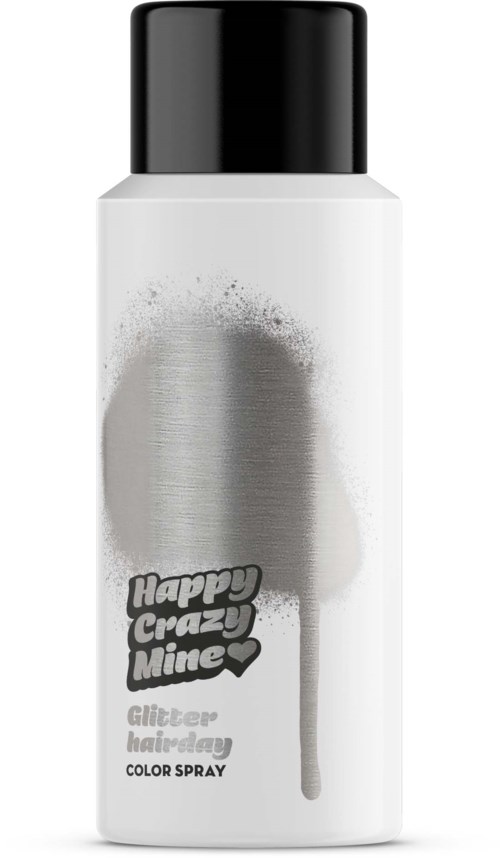 A white bottle with a black cap, labeled "Happy Crazy Mine" and "Color Spray," featuring a metallic silver spray effect.