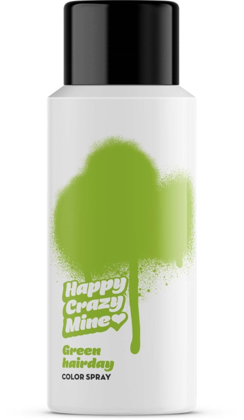 White bottle with a black cap, green tree splash, and text about a green birthday color spray.