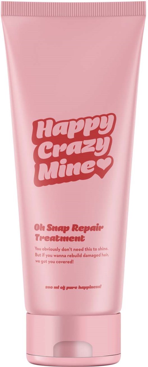 Een roze tube met de tekst "Happy Crazy Mine" en kleinere tekst over herstelbehandeling voor beschadigd haar.