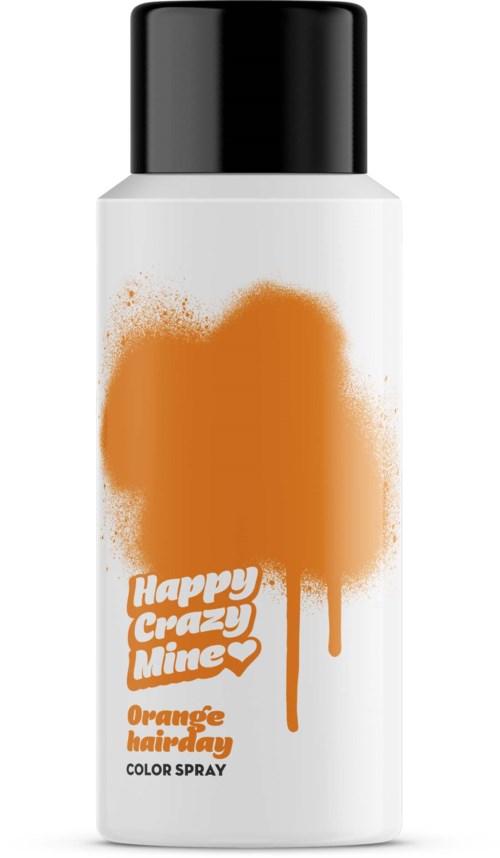 A white bottle with black cap, orange paint splatter design, and text for hair spray product.
