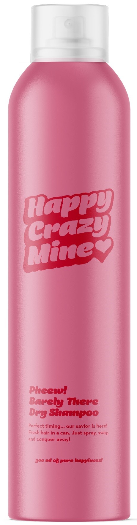 A tall pink shampoo bottle with a white cap, labeled "Happy Crazy Mine" and 