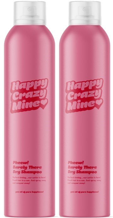 Twee roze flessen met 'Happy Crazy Mine' voor droogshampoo.