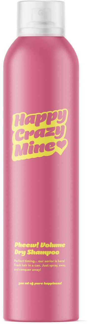 Klein roze fles met gele tekst die zegt "Happy Crazy Mine." Het is een droogshampoo voor volume.