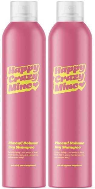 Twee roze flessen met de labels "Happy Crazy Mine" en "Pleasure! Volume Dry Shampoo" worden getoond.
