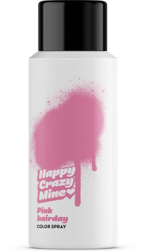 A white spray bottle with a black cap, pink paint splash design, and pink text for hair color.