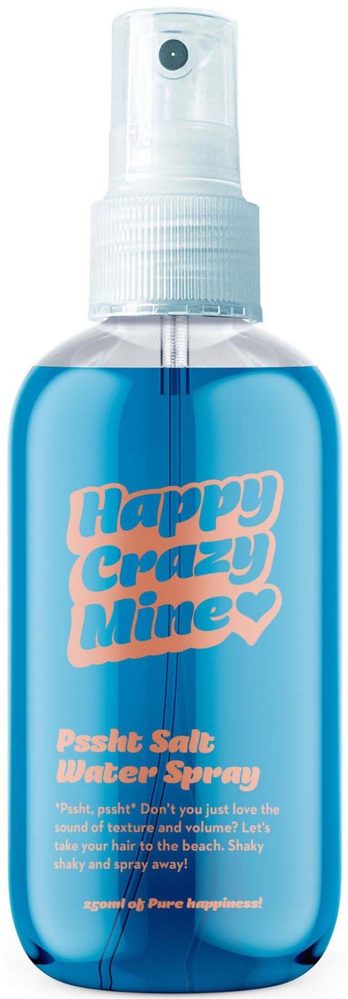 Een blauwe waterfles met spraykop en roze tekst "Happy Crazy Mine".