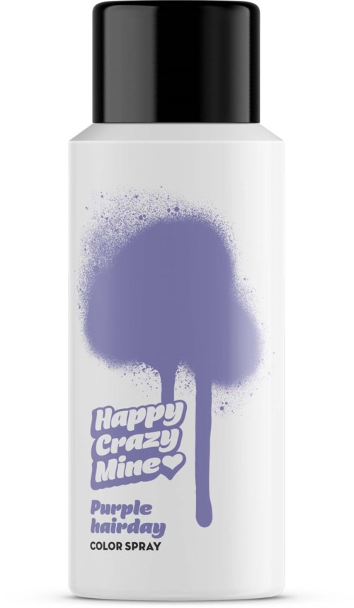 A white bottle with a black cap, purple paint splatter design, and text for hair color spray.