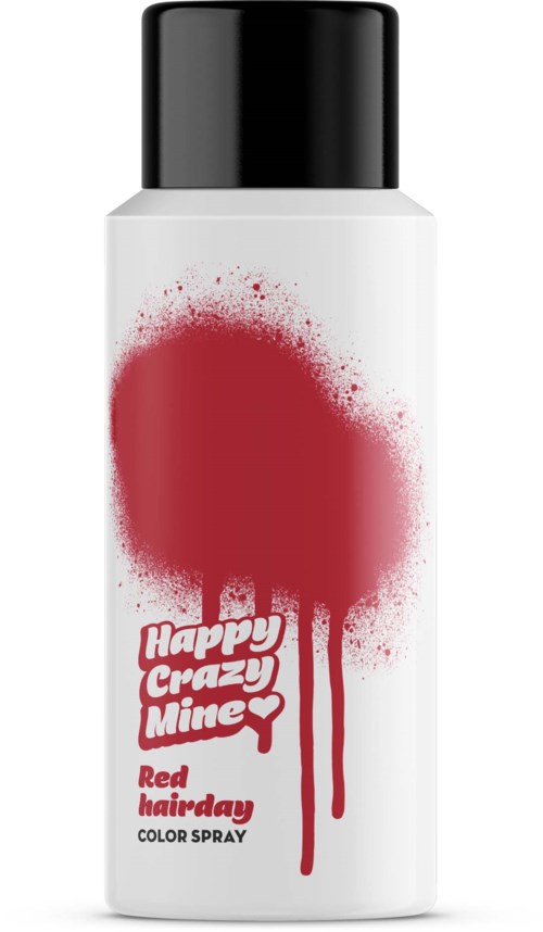 A white bottle with black cap, red paint splash, and text: 'Happy Crazy Mine Red Hairday Color Spray.'