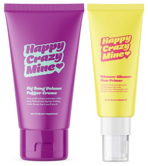 Twee haarproducten, één paarse en één gele tube, met kleurrijke labels en speelse lettertypen.