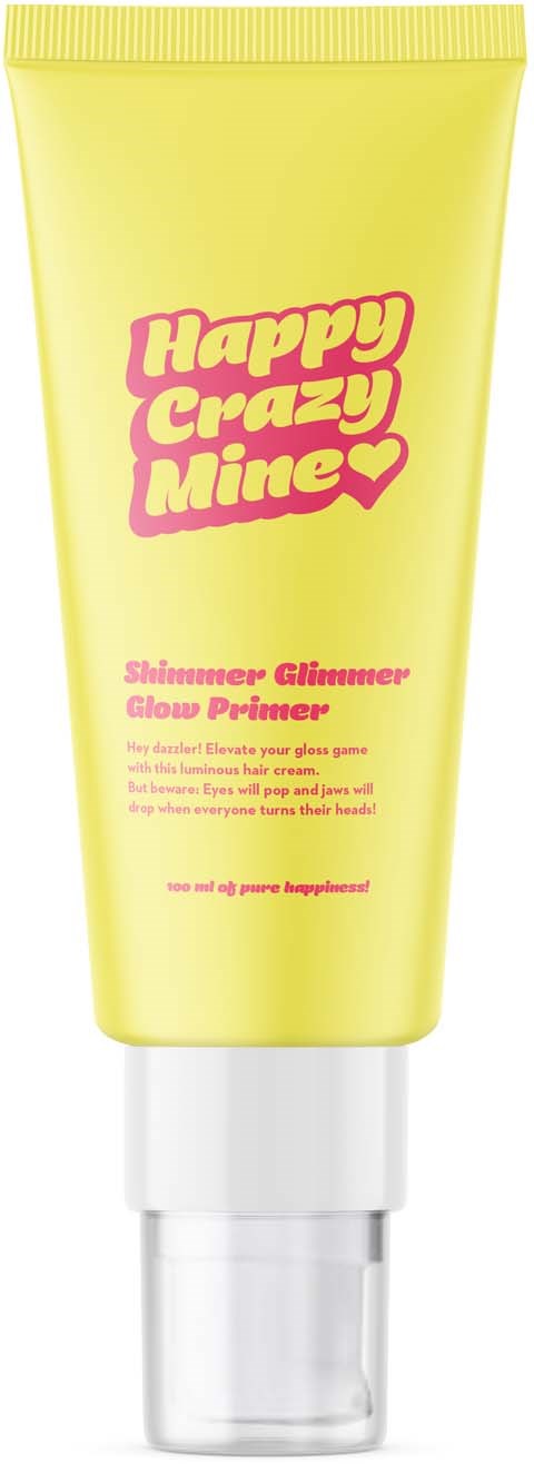 Geel tube met roze tekst 'Happy Crazy Mine' en beschrijving van glow primer voor de huid.