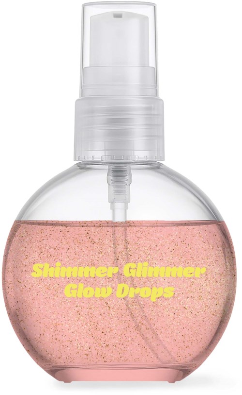 En rund genomskinlig flaska med rosa glansglöddropper och pumptop.