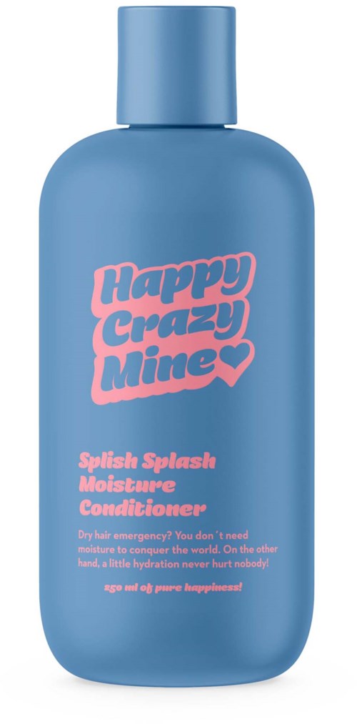 Blauwe fles met roze tekst met Happy Crazy Mine en details over een Splash Splash moisturizer conditioner.