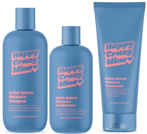 Een blauwe shampoo-, conditioner- en verzorgingstube met roze tekst die Happy Crazy Mine zegt en een splash-thema.