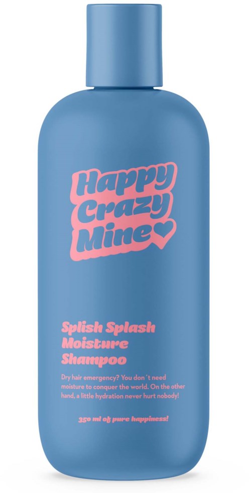 Een blauwe shampoo fles met roze tekst Nappy Crazy Mums en andere productdetails.