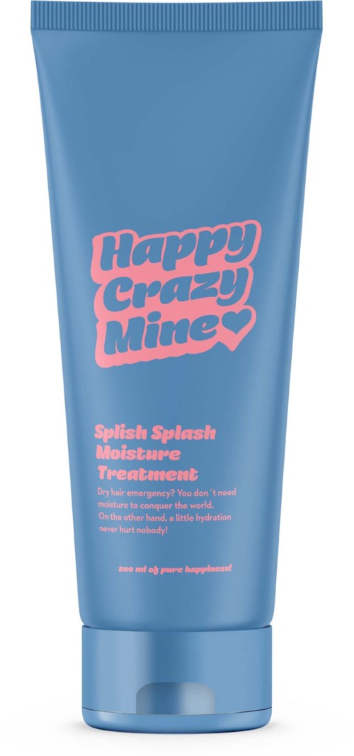 Een blauwe tube met vochtinbrengende behandeling met roze tekst die Happy Crazy Mine zegt.