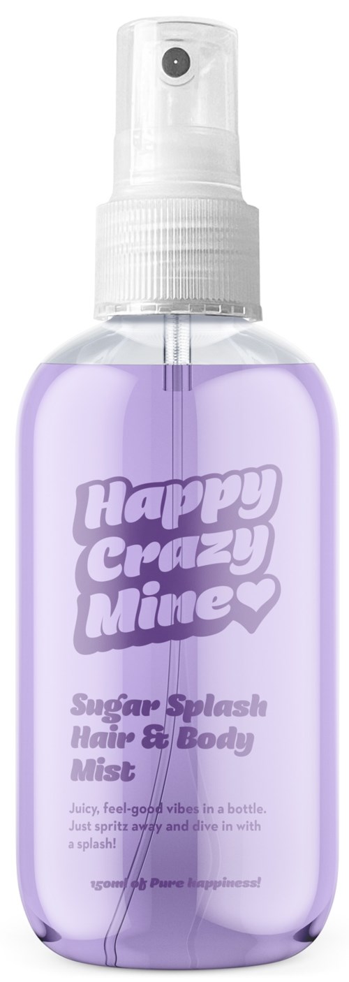 A purple spray bottle with a clear white cap and label reading "Happy Crazy Mine" and "Sugar Splash Hair & Body Mist."