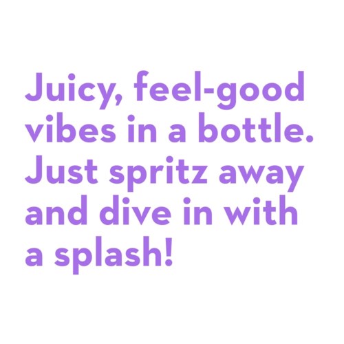 Bright purple text with a fun quote about feeling good and enjoying drinks, on a plain background.