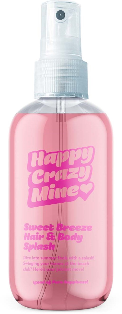Rote Sprühflasche mit der Aufschrift "Happy Crazy Mine" für Haar- und Körperspray.