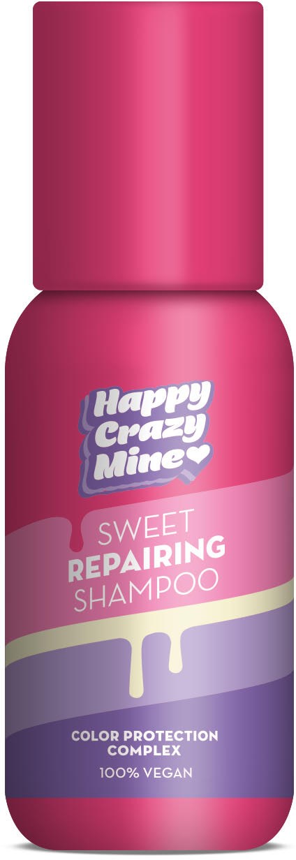 Rosa flaska märkt 'Happy Crazy Mine' med 'Sweet Repairing Shampoo' och visar ett färgskyddskomplex och veganskt makeup.