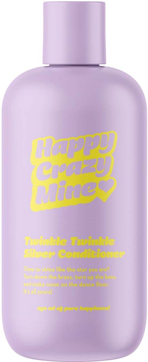 Een lavendelkleurige fles shampoo met gele tekst "Happy Crazy Mine" en een hart.