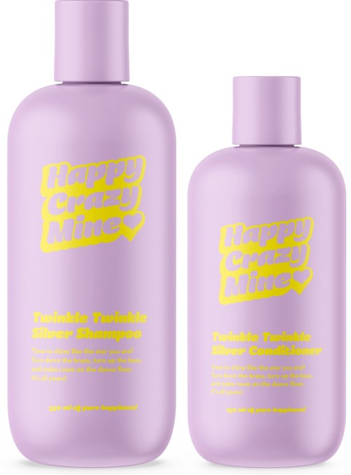 Twee lichtpaarse flessen met gele tekst. Shampoo en conditioner van Happy Crazy Mine serie.