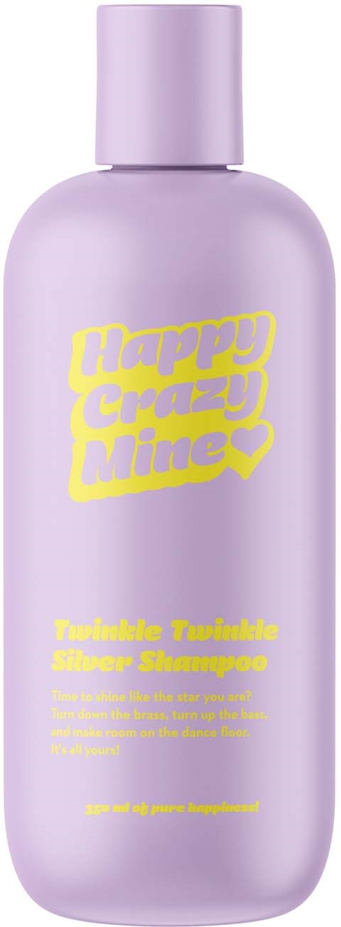 Lila shampoo fles met gele tekst "Happy Crazy Mine" en een gebruiksaanwijzing.