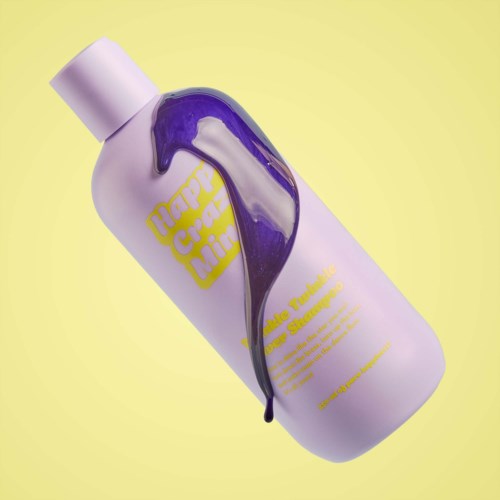Een lavendelkleurige fles met paarse verf die ervan afloopt, met gele tekst op een lichtgele achtergrond.