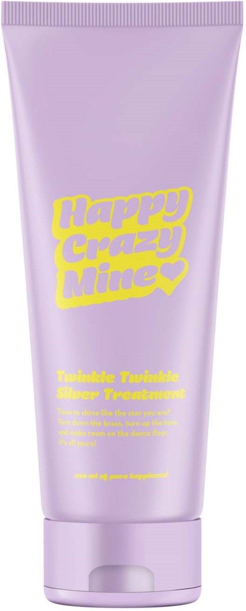 Lila tube met gele tekst 'Happy Crazy Mine', waarschijnlijk haar- of huidverzorgingsproduct.