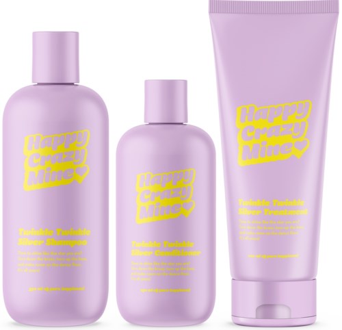 Drie lavendelkleurige haarverzorgingsproducten met gele tekst: shampoo, conditioner en behandeling.