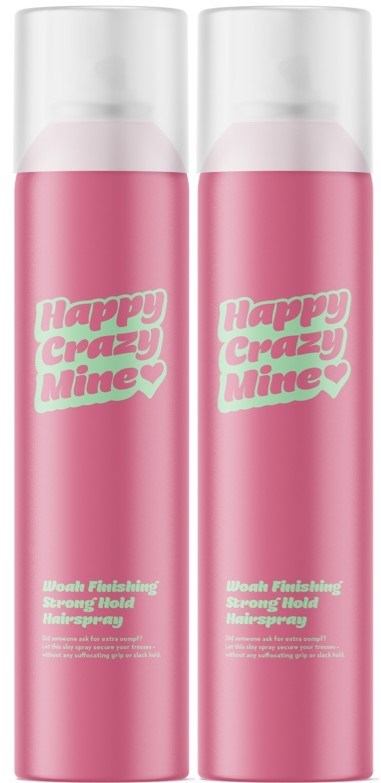 Twee roze blikken met de tekst 'Happy Crazy Mine' en witte doppen, waarschijnlijk sprayflessen of haarproducten.