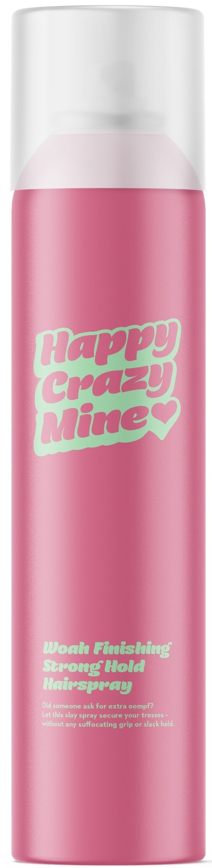 Een roze spraybus met witte en roze tekst zeggen "Happy Crazy Mine" en details over haarspray.