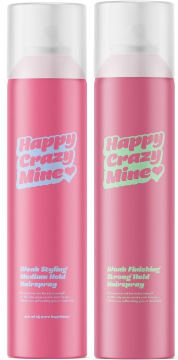 Twee roze sprayflessen met witte doppen en speelse tekst die zegt "Happy Crazy Mine" en "Strong Smashing Spray Hold".