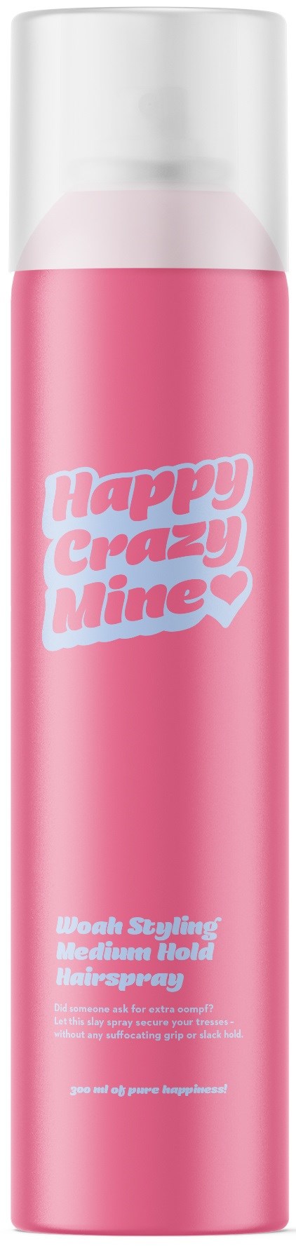 Pink hair spray with the words "Happy Crazy Mine" and a small heart symbol.