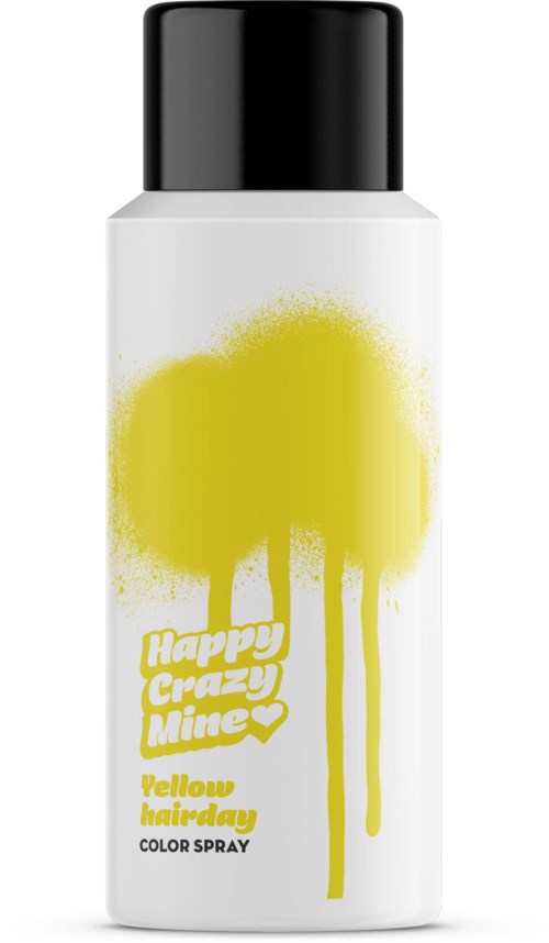 A white spray bottle with black cap and yellow paint splashes, labeled "Happy Crazy Mine" and "Yellow hair dye."