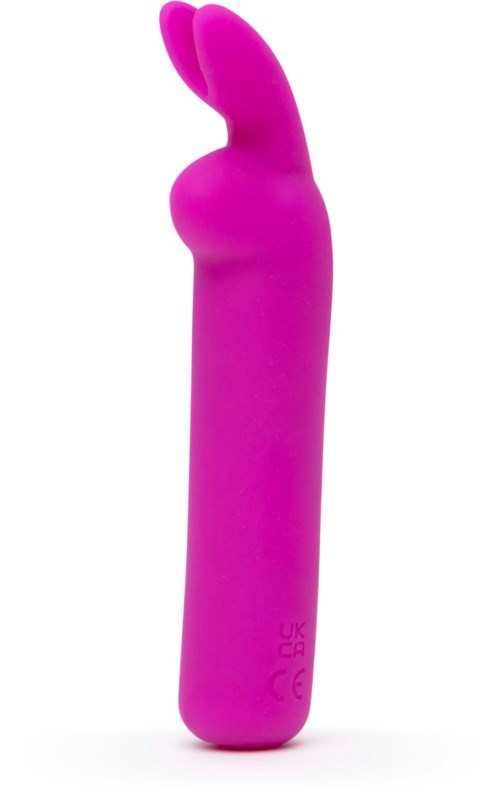 Pink vibrator with a bunny-ear design, smooth shape, and long handle.