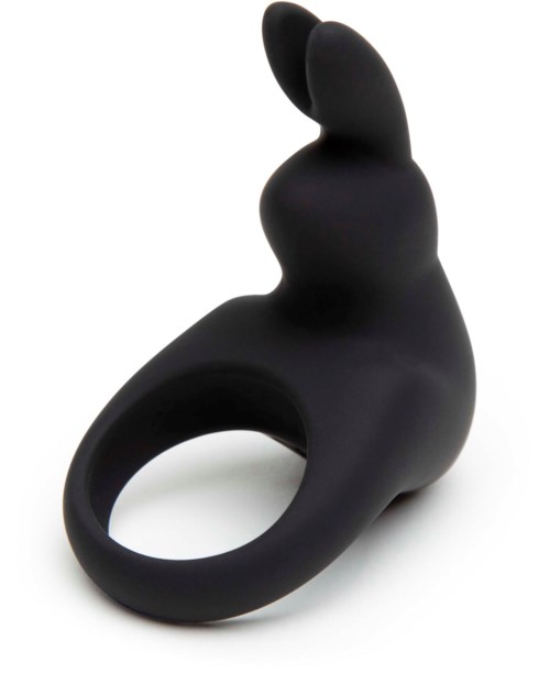 A black, bunny-shaped object with a ring at the bottom, likely a ring for holding or decoration.