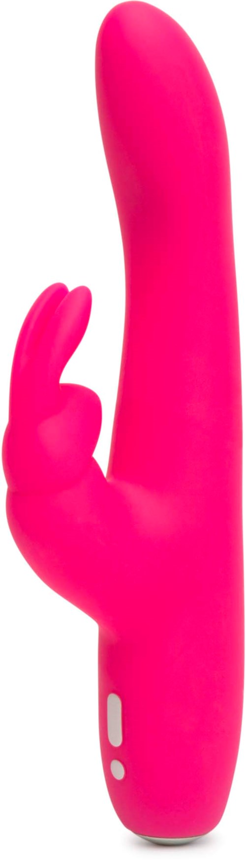 En rosa böjd vibrator med ett litet fingerliknande tillägg och kontrollknappar längst ner.