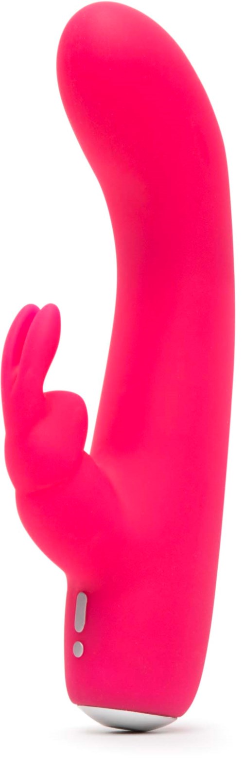 A pink, curved vibrator with a small finger-like extension and control buttons at the base.