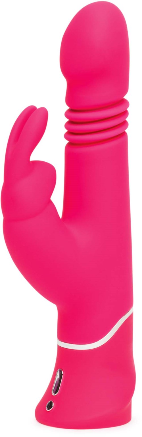 A pink, curved, handheld vibrator with a thumb-like feature and control buttons at the base.