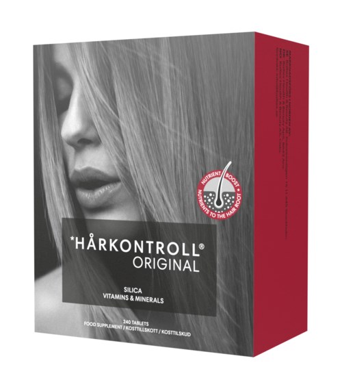 En låda Hårkontroll Original silica vitaminer och mineraler, med en kvinnas ansikte och hår på förpackningen.