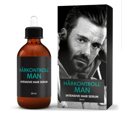 A brown bottle with a dropper next to a black and white image of a man on a box, advertising hair serum.