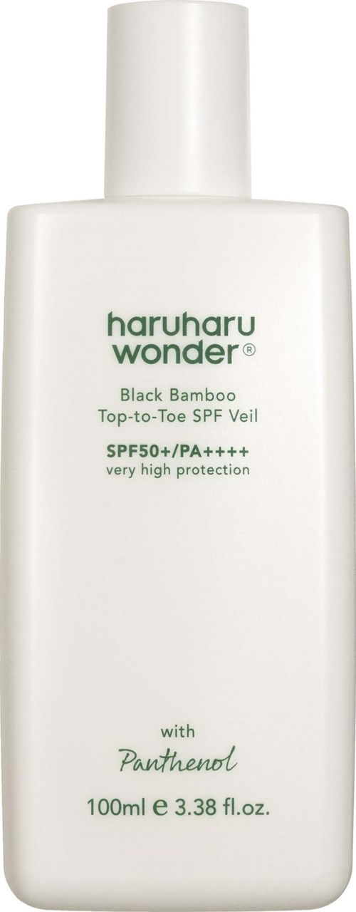 A white bottle of Haruharu Wonder sunscreen with green text, contains 100ml, offers high protection, and has a pump top.