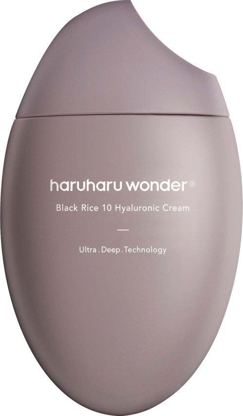 Eine graue, ovale Behälter mit abgerundetem Deckel, beschriftet mit 'haruharu wonder' und 'Black Rice 10 Hyaluronic Cream.'