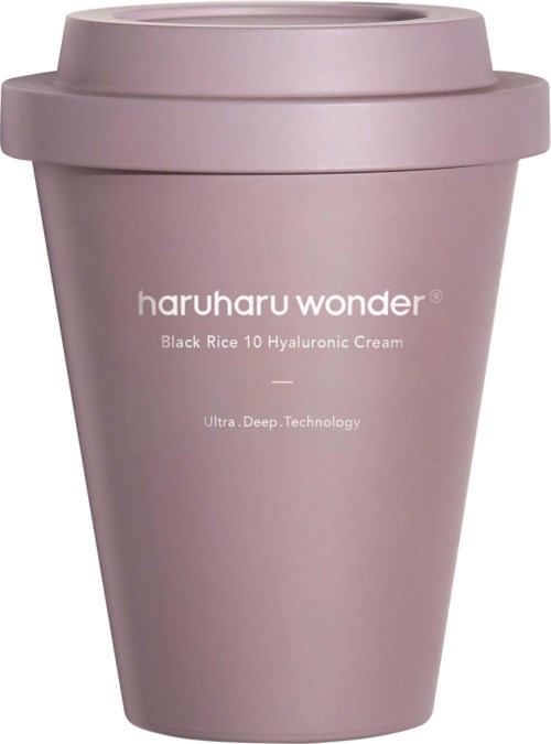 A purple jar of Haruharu Wonder Black Rice Hyaluronic Cream with care label. It has a wide top, slender body, and simple design.